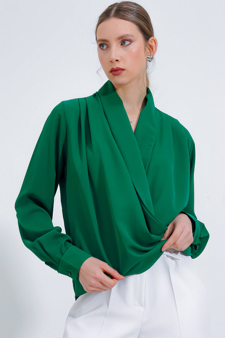 Bigdart Blouse en satin à col croisé vert émeraude pour femme 0492 - zümrüt Verti