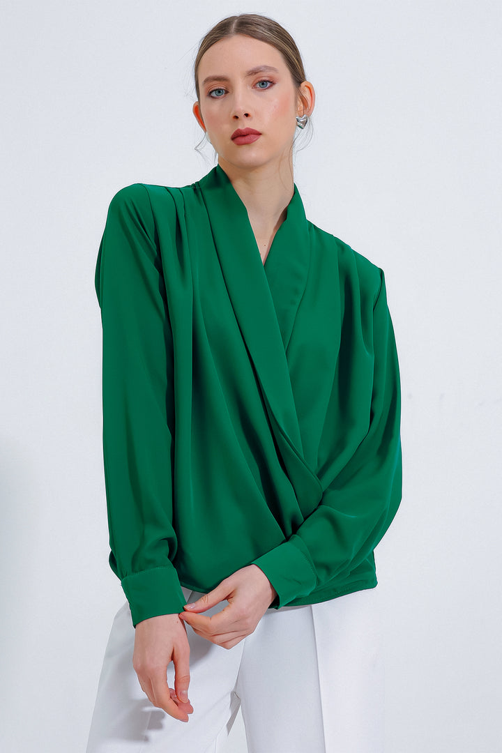 Bigdart Blouse en satin à col croisé vert émeraude pour femme 0492 - zümrüt Verti
