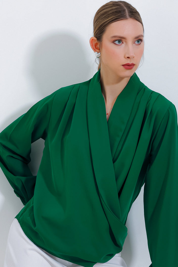 Bigdart Blouse femme en satin drapé à col croisé vert émeraude 0492