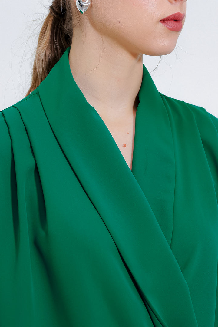 Bigdart Blouse en satin à col croisé vert émeraude pour femme 0492 - zümrüt Verti