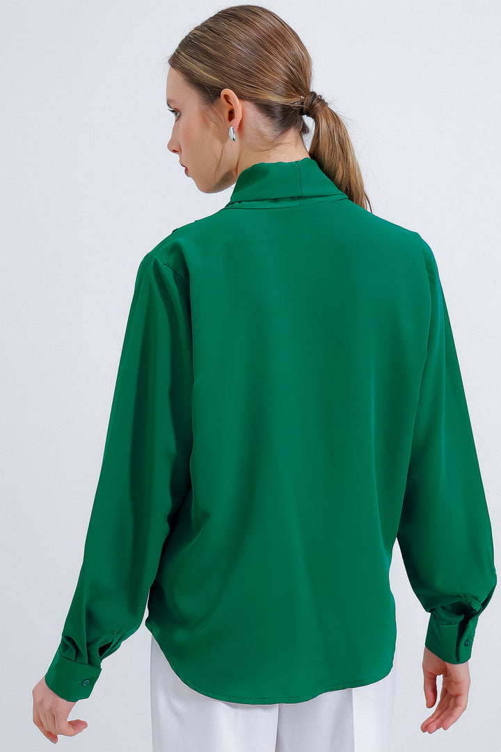 Bigdart Blouse en satin à col croisé vert émeraude pour femme 0492 - zümrüt Verti