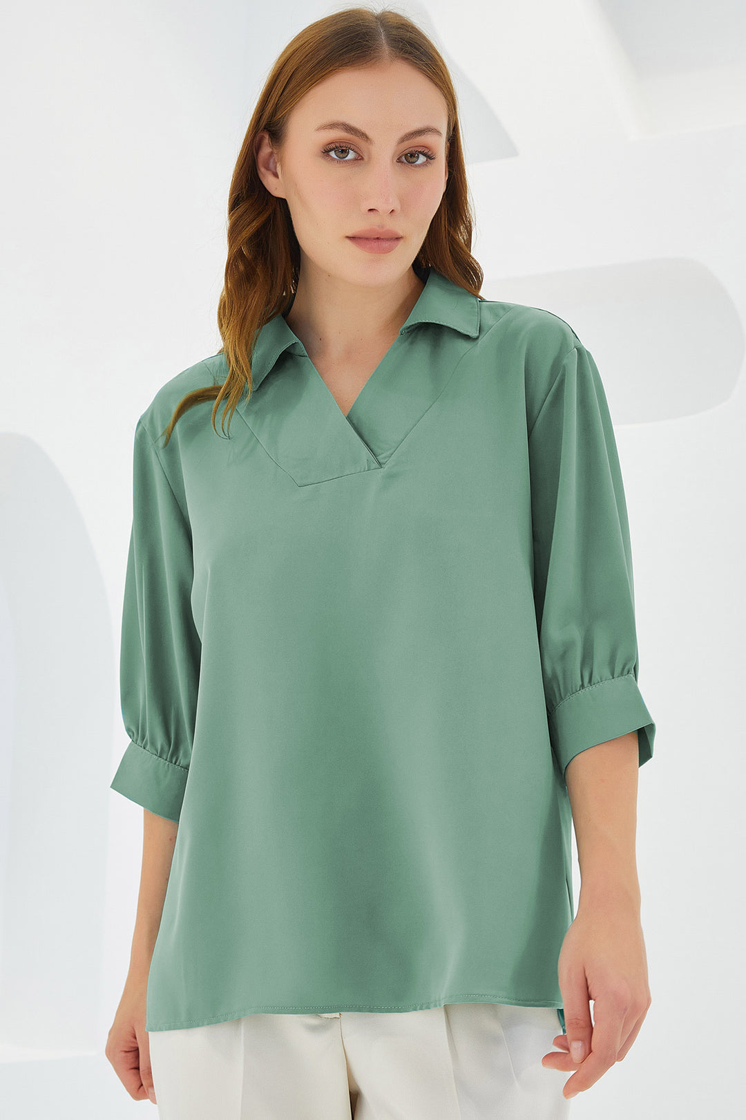 Bigdart Blouse en Satin à Col Chemise Vert D'eau Femme 0493