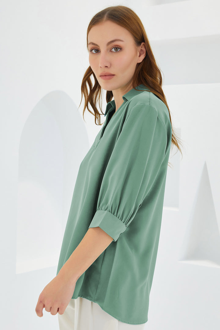 Bigdart Blouse en Satin à Col Chemise Vert D'eau Femme 0493