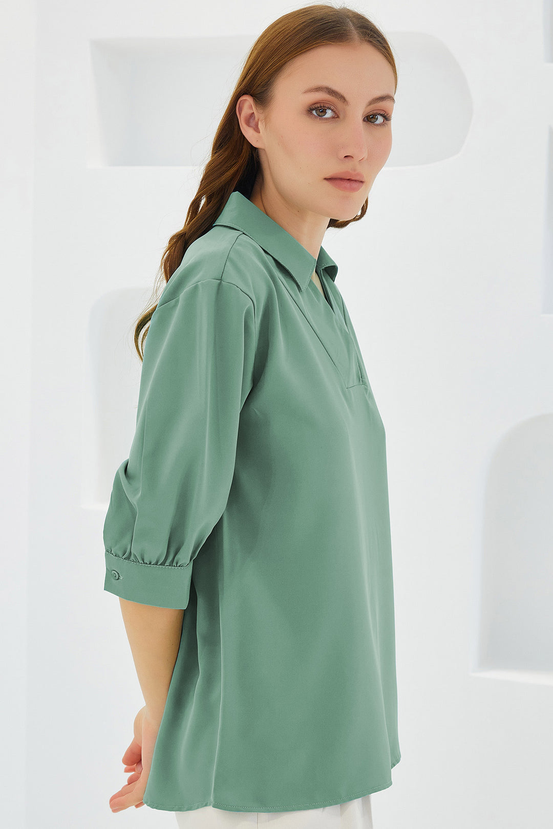 Bigdart Blouse en Satin à Col Chemise Vert D'eau Femme 0493