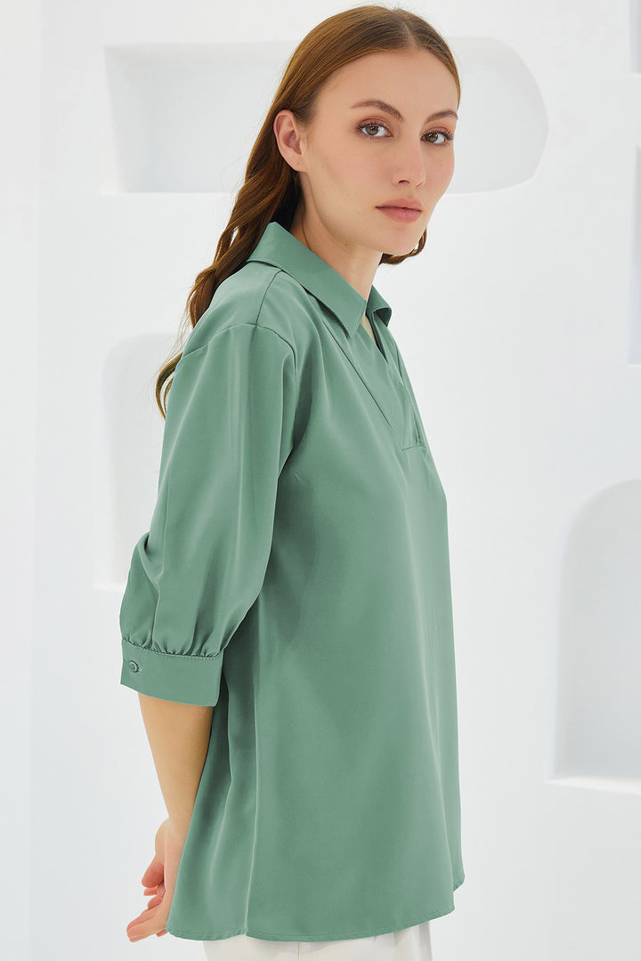 Bigdart Blouse en Satin à Col Chemise Vert D'eau Femme 0493