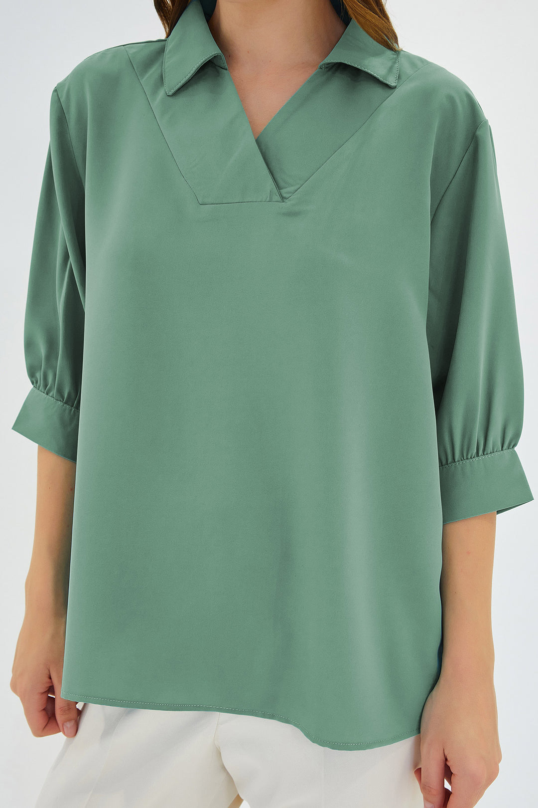 Bigdart Blouse en Satin à Col Chemise Vert D'eau Femme 0493