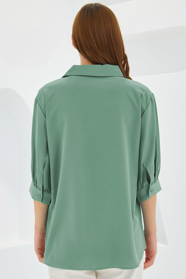 Bigdart Blouse en Satin à Col Chemise Vert D'eau Femme 0493