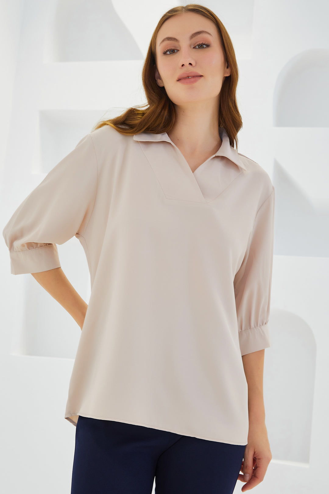 Bigdart Blouse en Satin à Col Chemise Crème Femme 0493