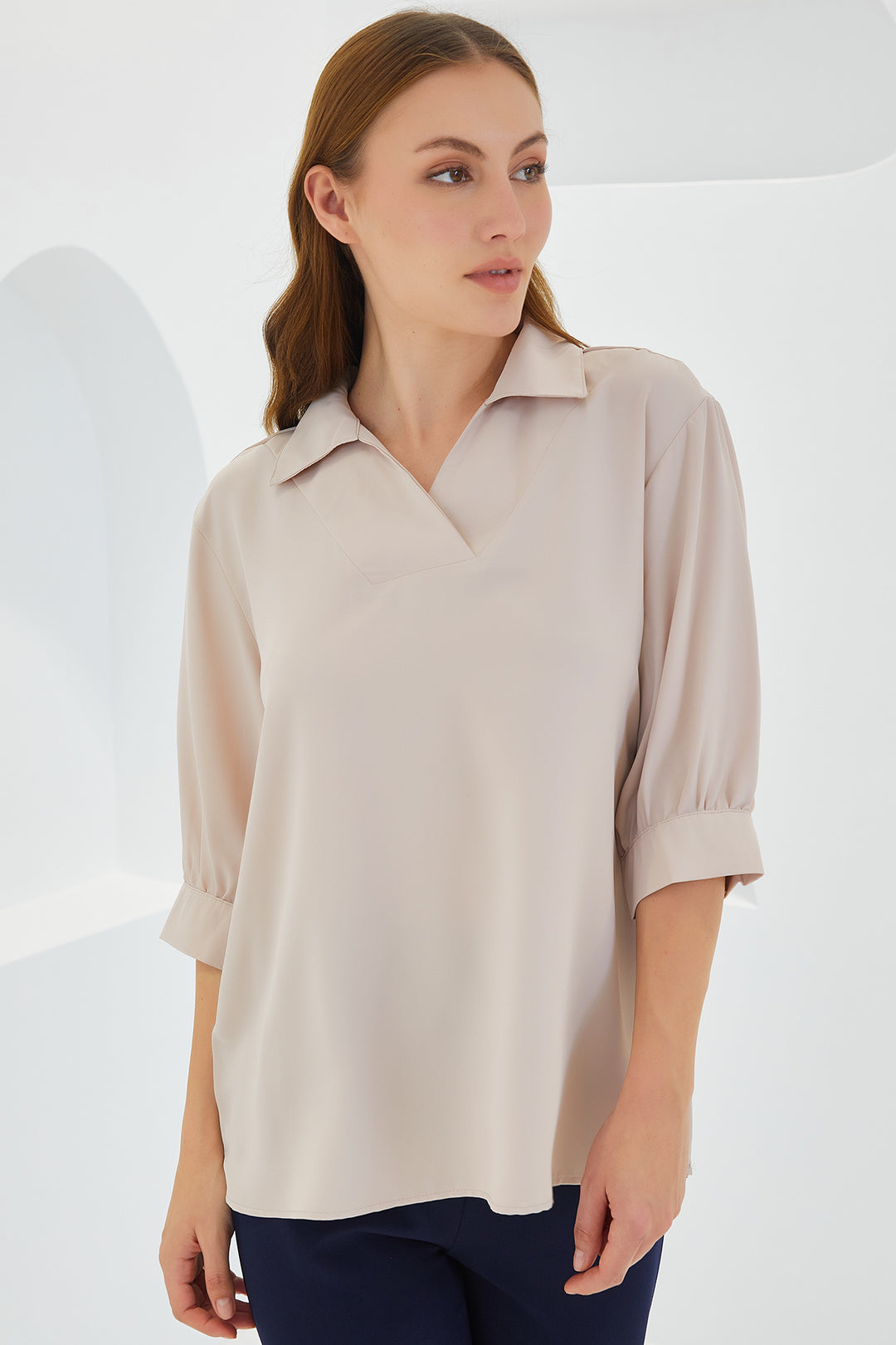 Bigdart Blouse en Satin à Col Chemise Crème Femme 0493