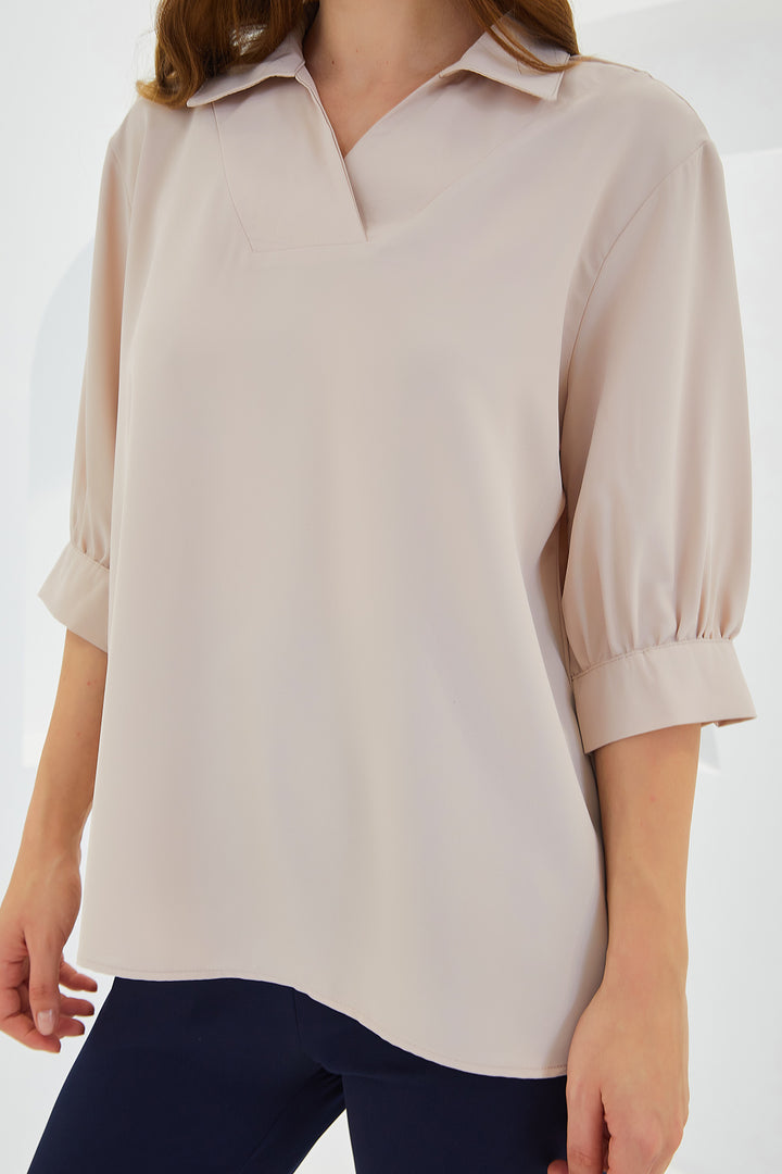 Bigdart Blouse en Satin à Col Chemise Crème Femme 0493