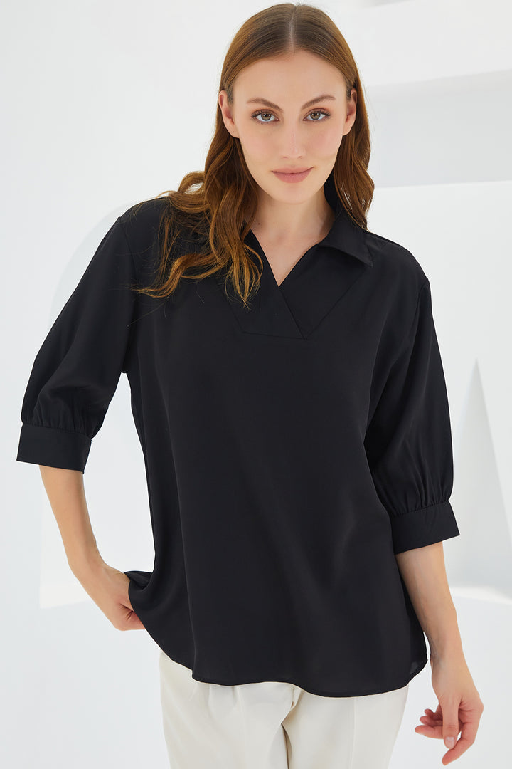 Bigdart Blouse satin à col chemise noire pour femme 0493