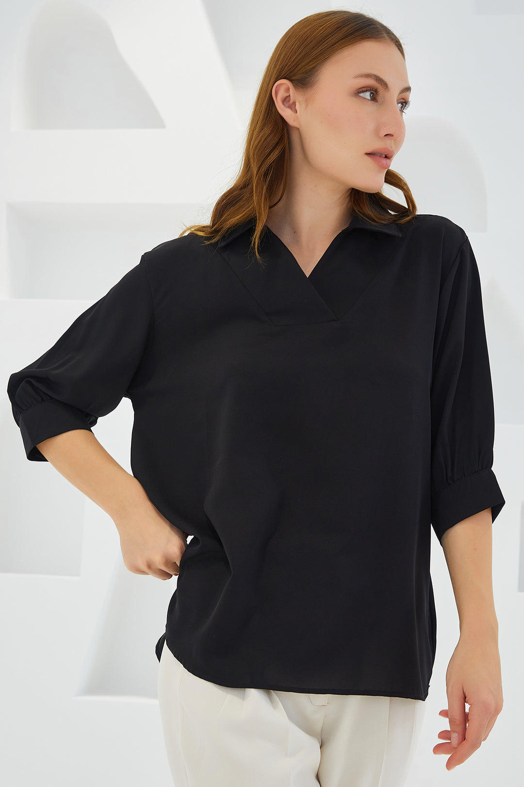 Bigdart Blouse satin à col chemise noire pour femme 0493