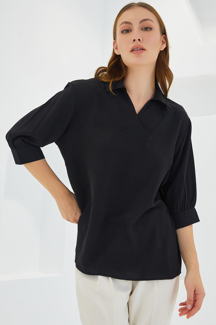 Bigdart Blouse satin à col chemise noire pour femme 0493