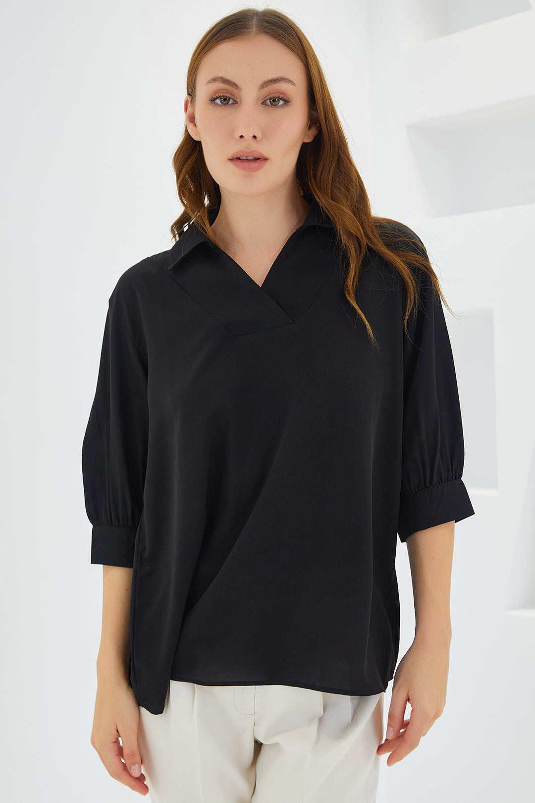 Bigdart Blouse satin à col chemise noire pour femme 0493