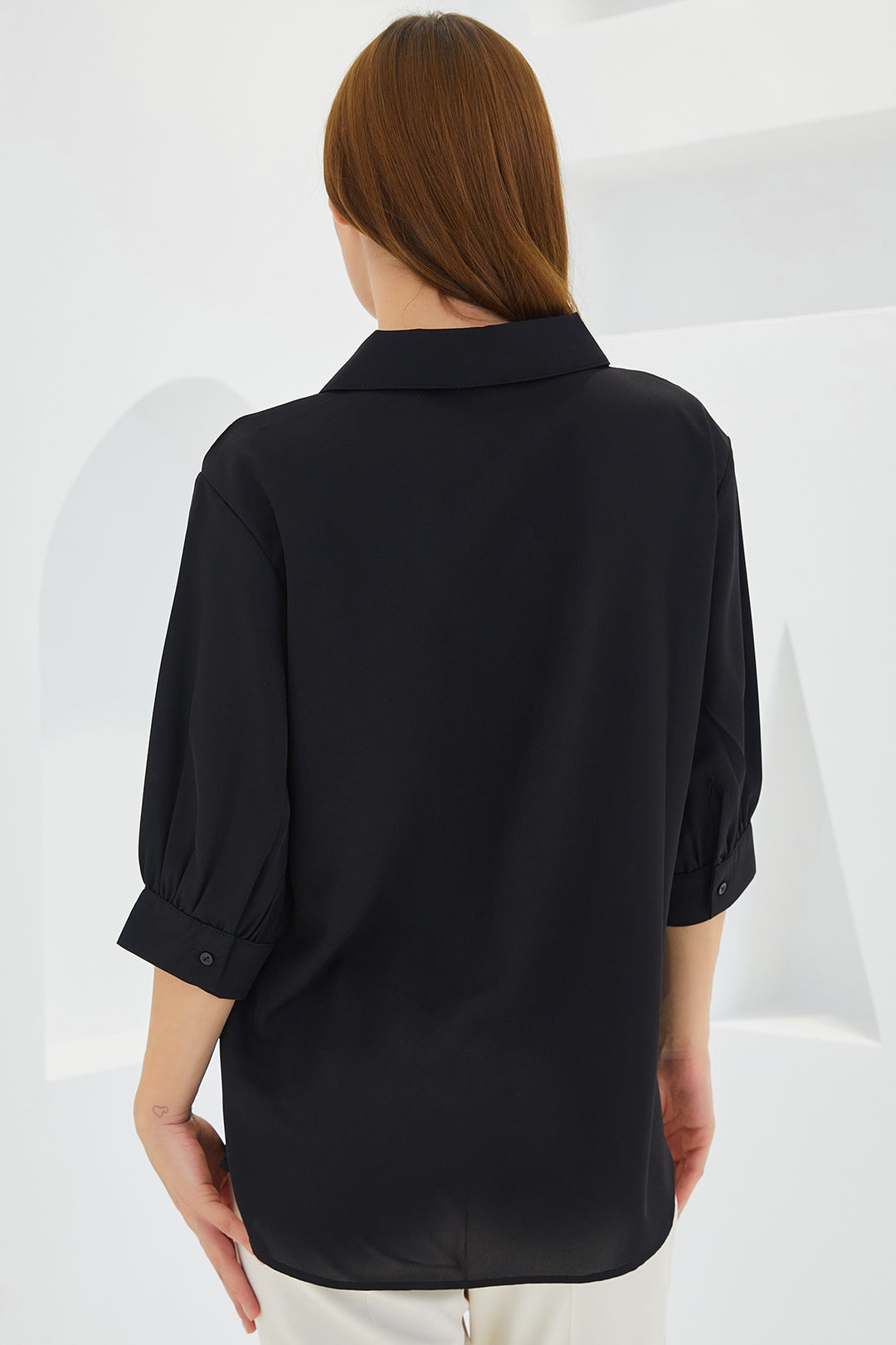 Bigdart Blouse satin à col chemise noire pour femme 0493