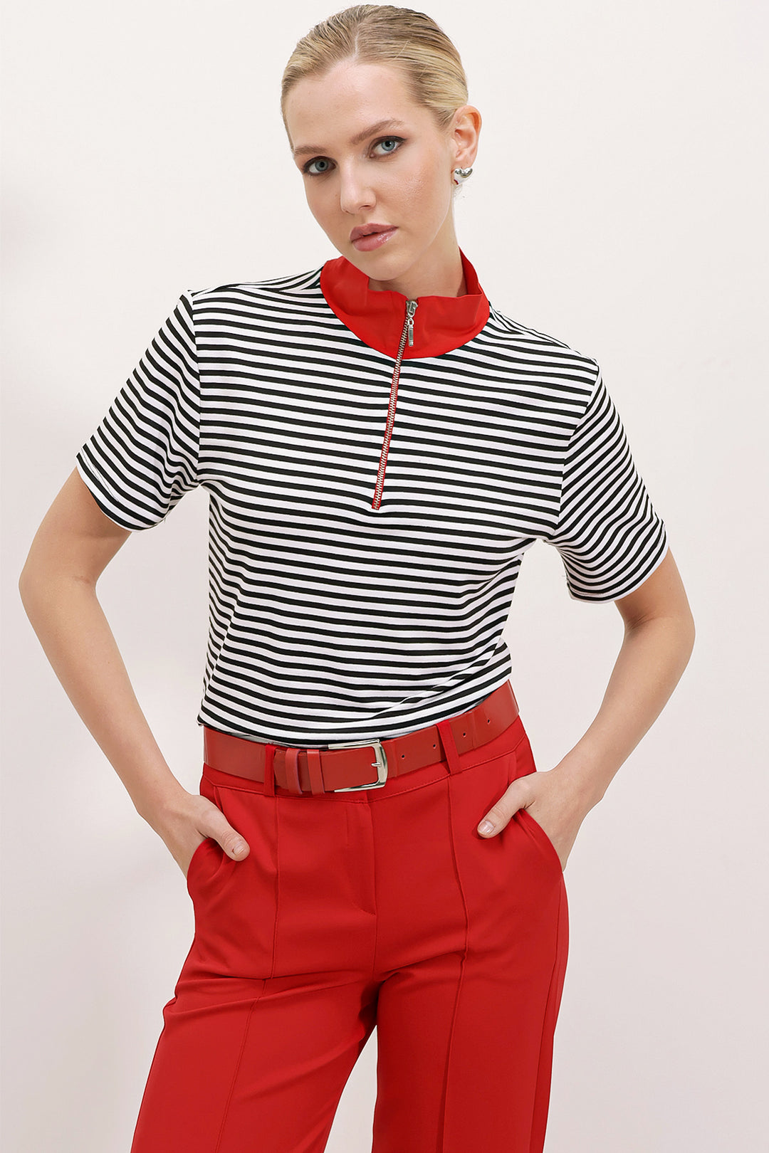 Bigdart T-shirt à rayures à col polo rouge zippé pour femme 0497 - Rouge