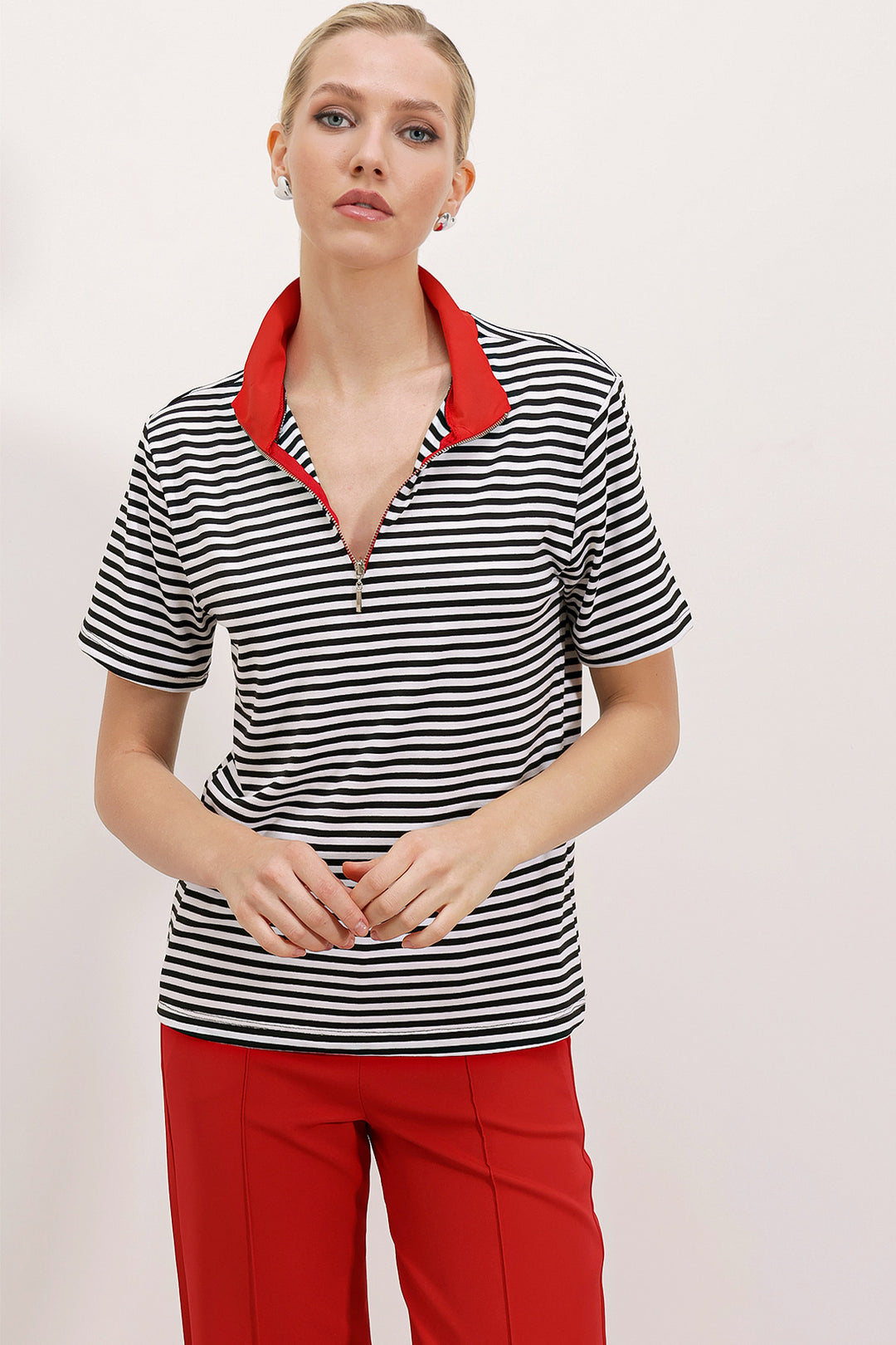 Bigdart T-shirt à rayures à col polo rouge zippé pour femme 0497 - Rouge