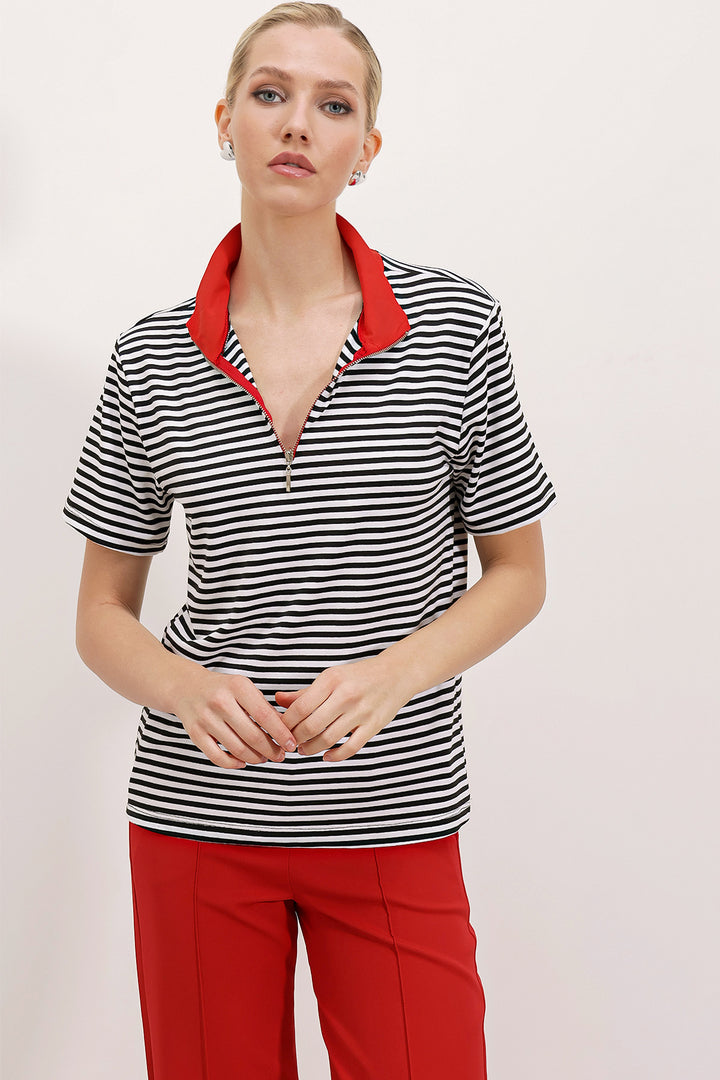 Bigdart T-shirt à rayures à col polo rouge zippé pour femme 0497 - Rouge