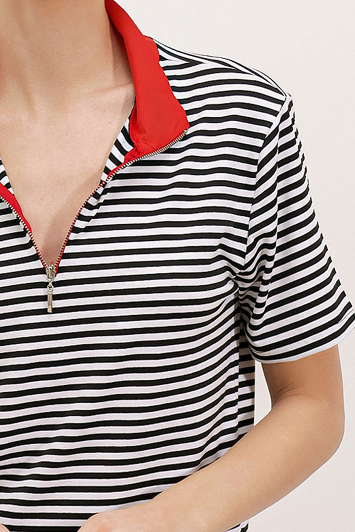 Bigdart T-shirt à rayures à col polo rouge zippé pour femme 0497 - Rouge