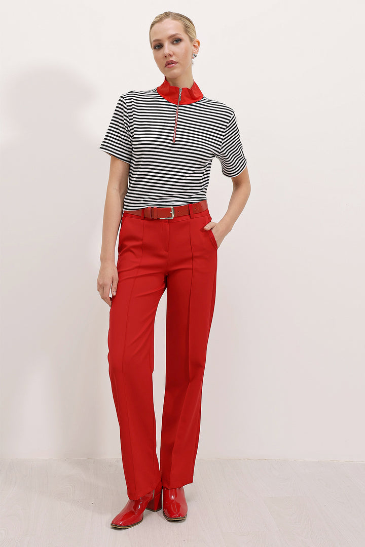 Bigdart T-shirt à rayures à col polo rouge zippé pour femme 0497 - Rouge