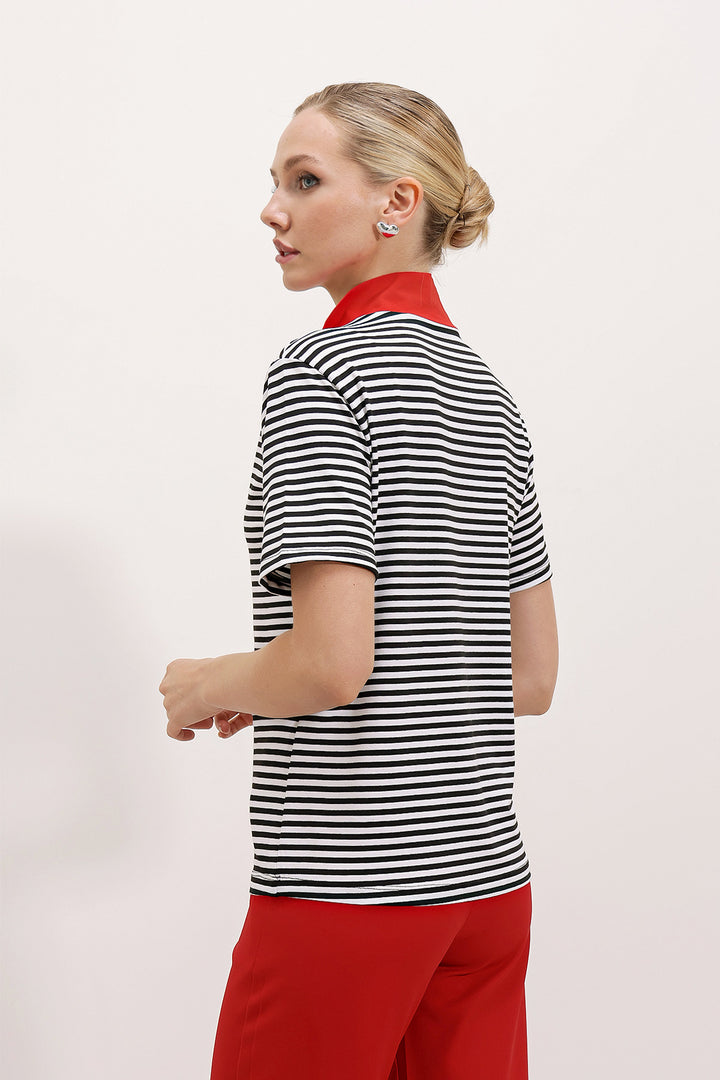 Bigdart T-shirt à rayures à col polo rouge zippé pour femme 0497 - Rouge