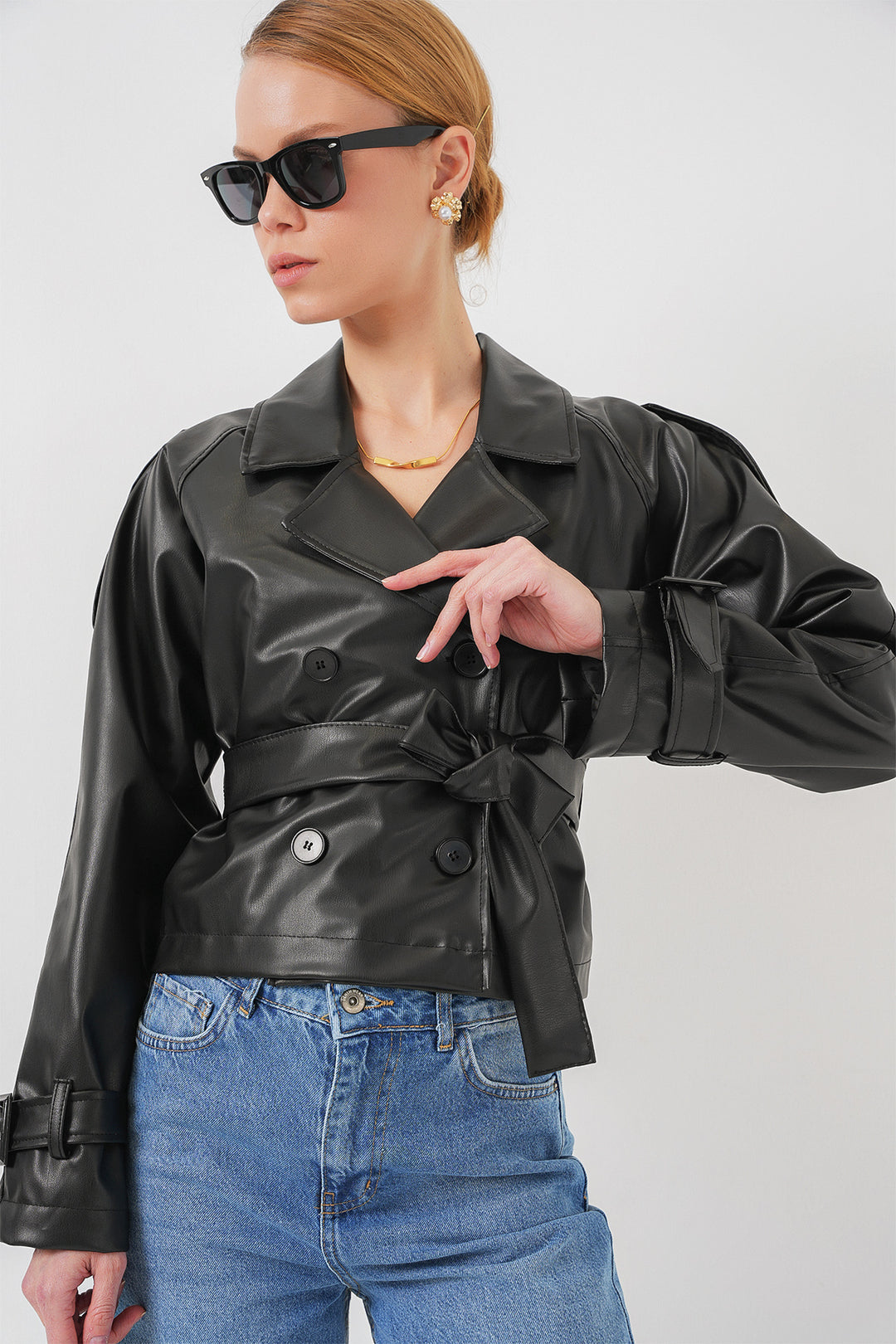 Bigdart Veste en simili cuir noir ceinturée 0698