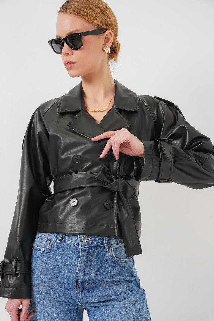 Bigdart Veste en simili cuir noir ceinturée 0698