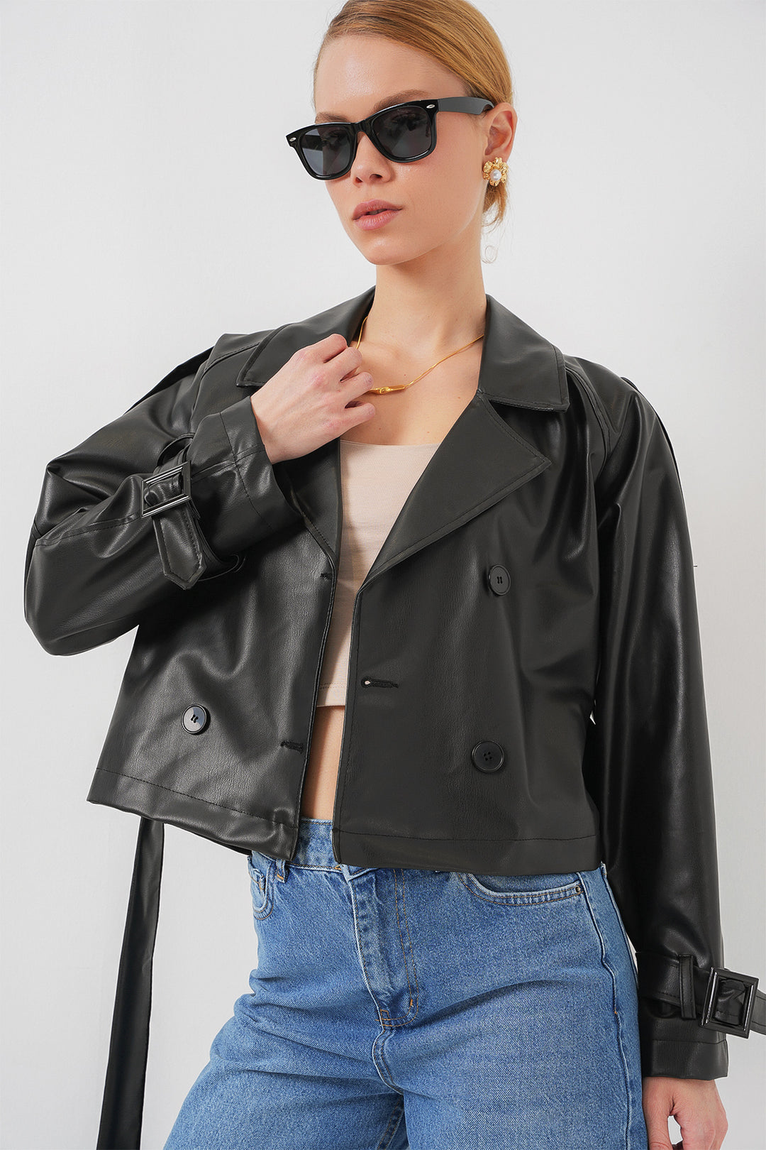 Bigdart Veste en simili cuir noir ceinturée 0698