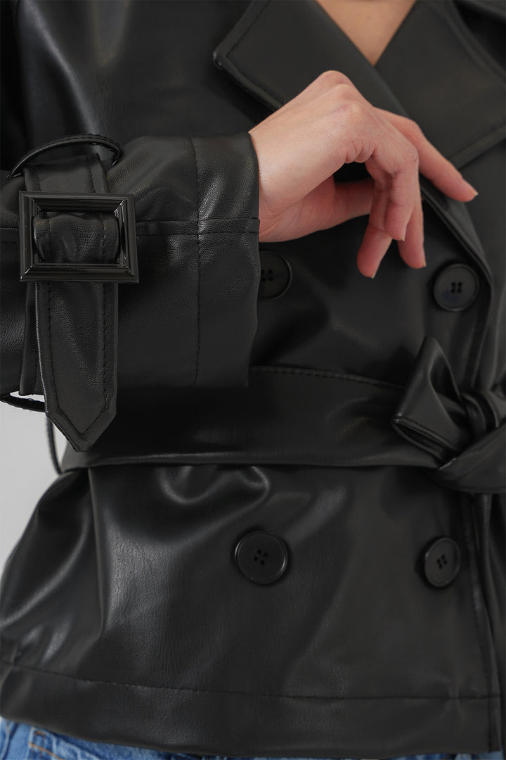 Bigdart Veste en simili cuir noir ceinturée 0698
