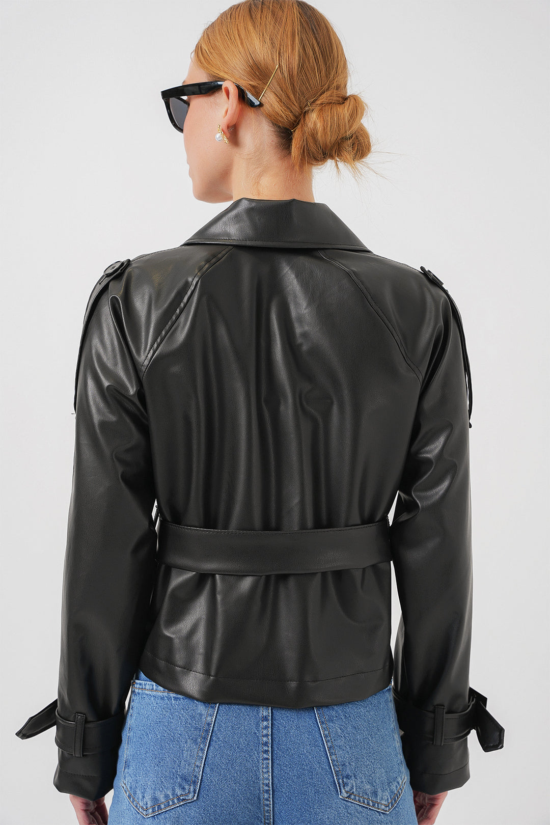 Bigdart Veste en simili cuir noir ceinturée 0698