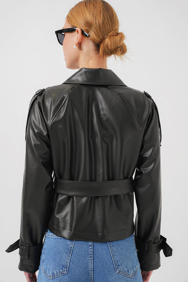 Bigdart Veste en simili cuir noir ceinturée 0698