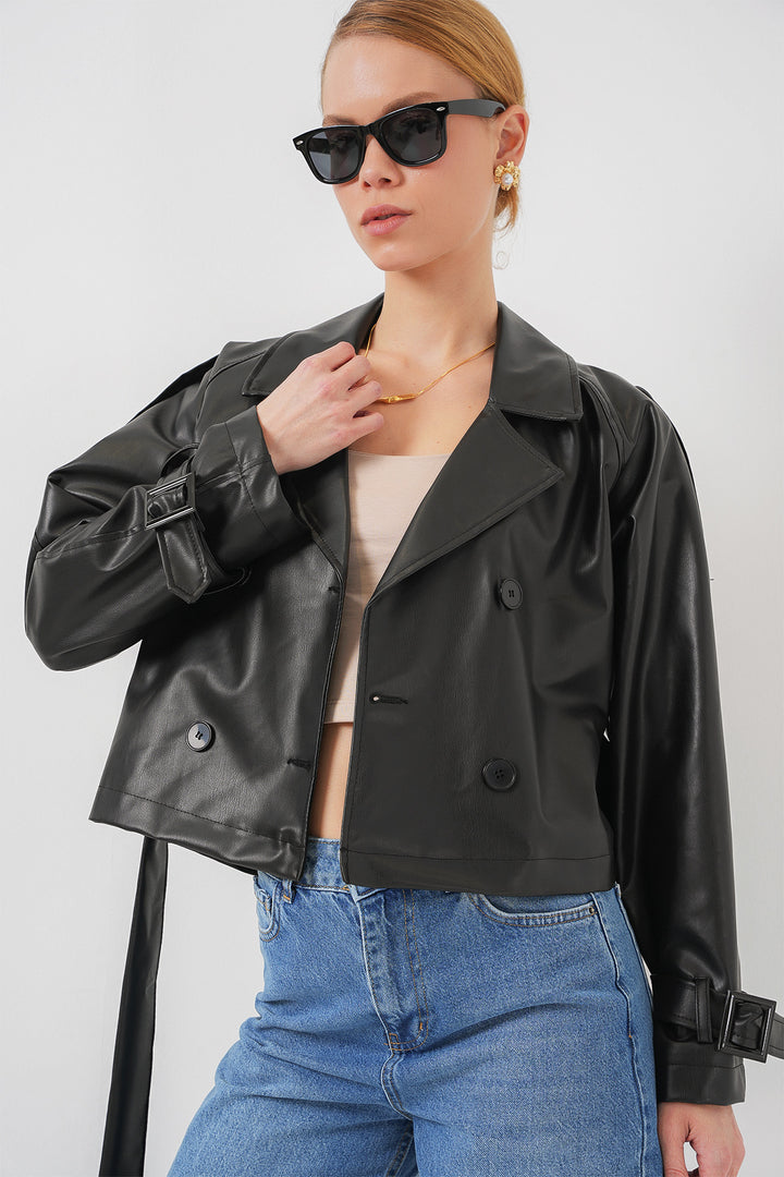 Bigdart Veste en simili cuir noir ceinturée 0698