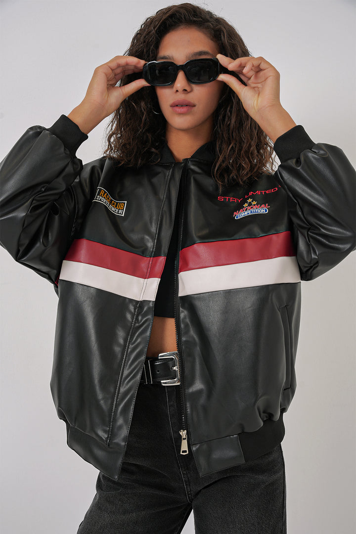 Bigdart 0698 Veste Bomber en Cuir Synthétique Imprimée - Noir