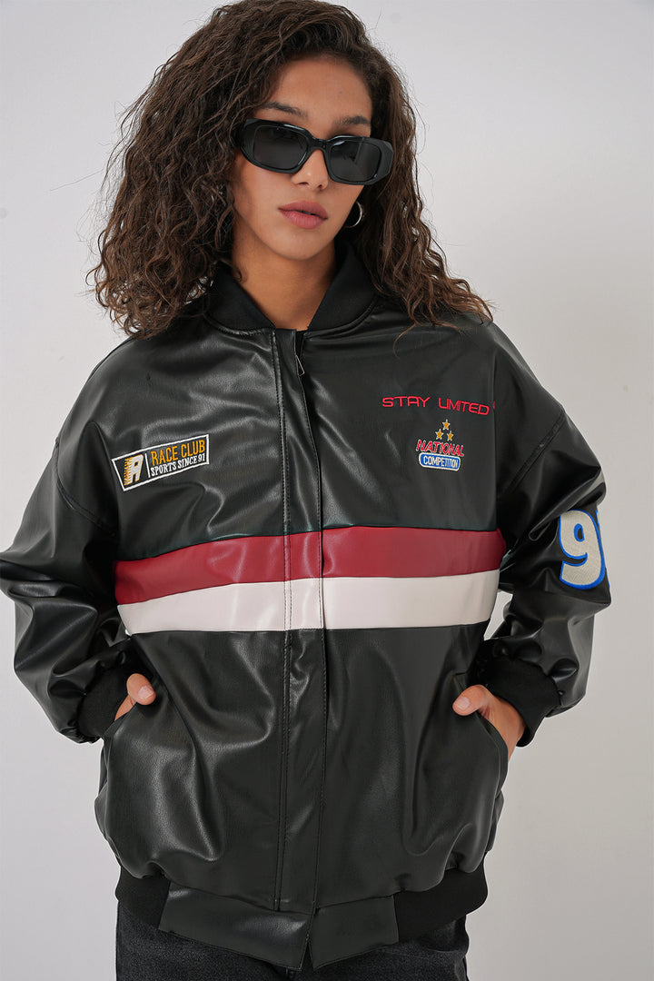 Bigdart 0698 Veste Bomber en Cuir Synthétique Imprimée - Noir