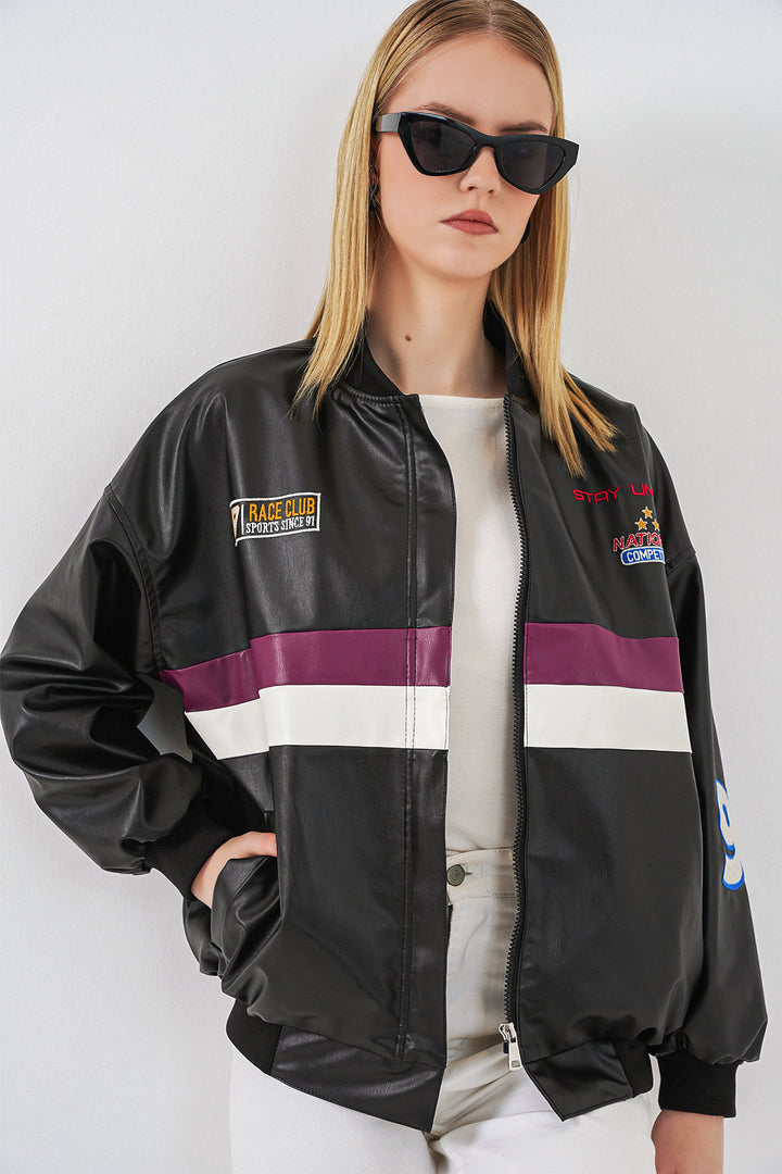 Bigdart Veste bomber en simili cuir imprimée 0698 - Noir - Violet