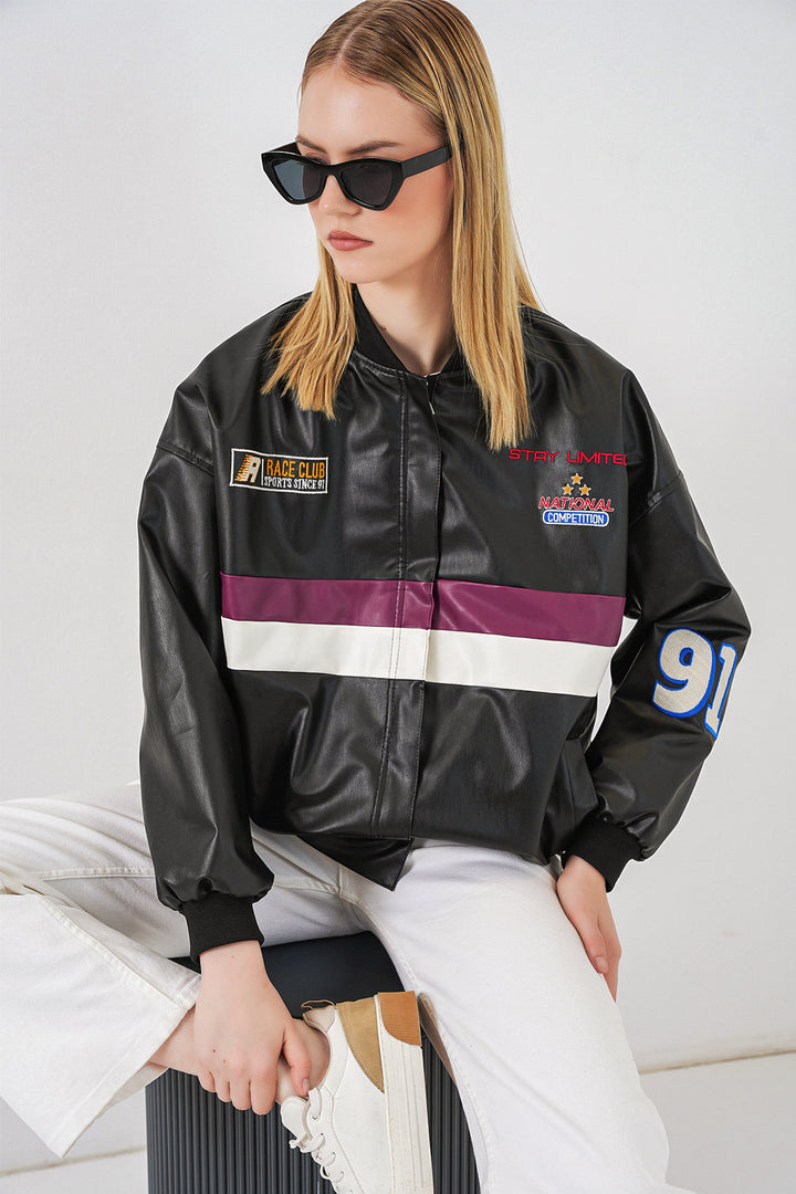 Bigdart Veste bomber en simili cuir imprimée 0698 - Noir - Violet