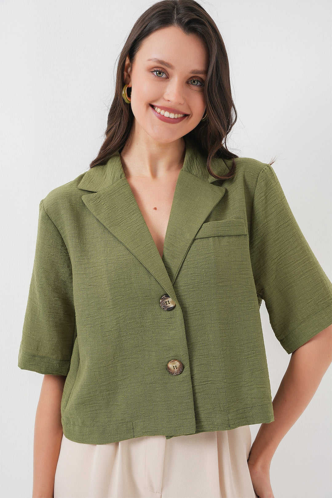Bigdart 0706 Veste Crop en Lin - Kaki