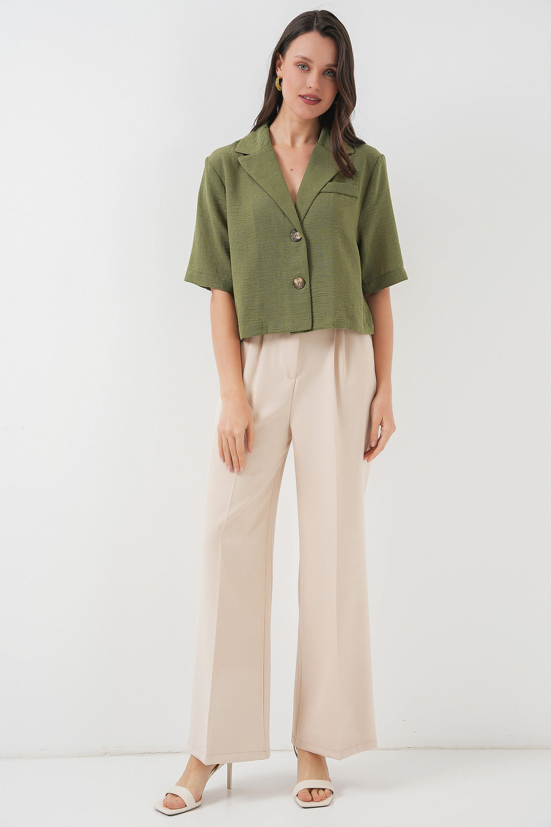 Bigdart 0706 Veste Crop en Lin - Kaki