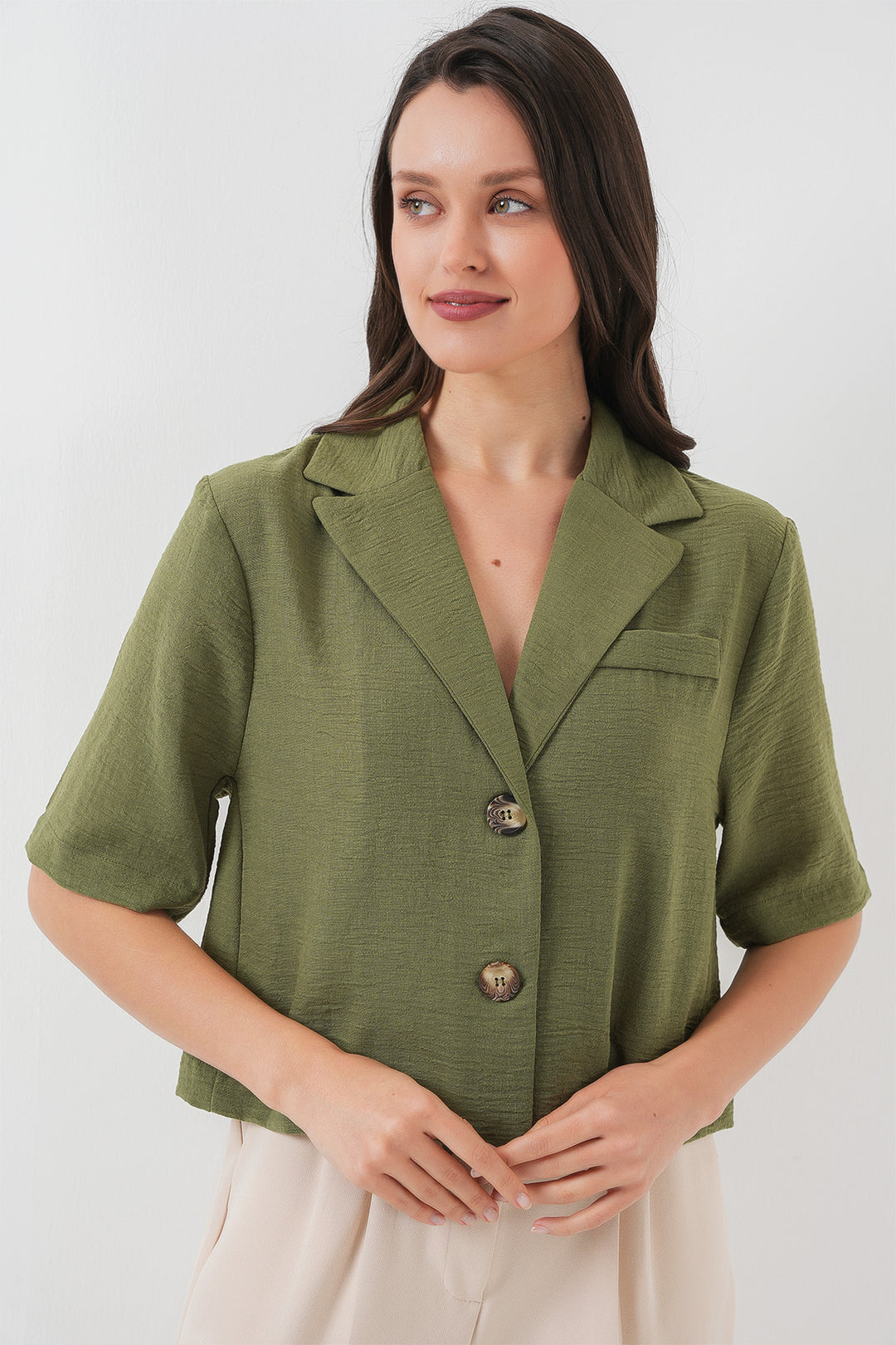 Bigdart 0706 Veste Crop en Lin - Kaki