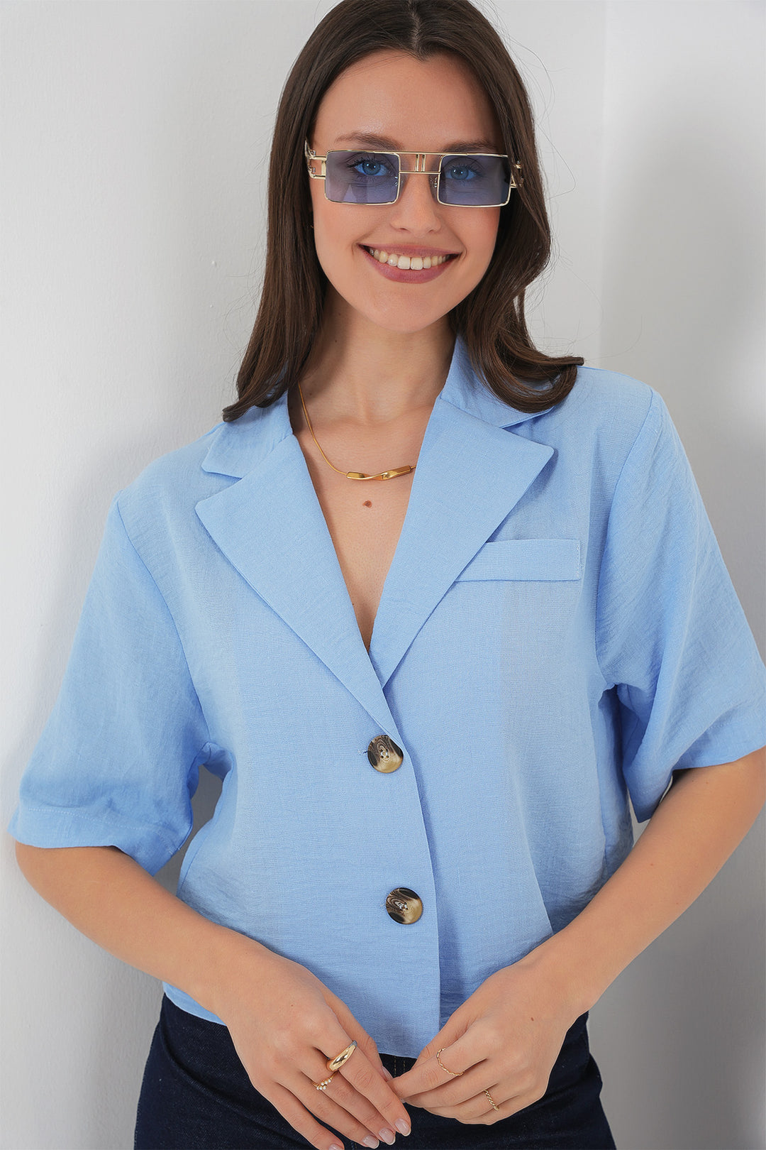 Bigdart 0706 Veste Crop en Lin - Bleu