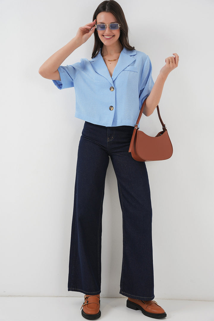 Bigdart 0706 Veste Crop en Lin - Bleu