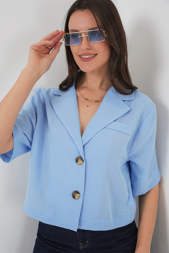 Bigdart 0706 Veste Crop en Lin - Bleu