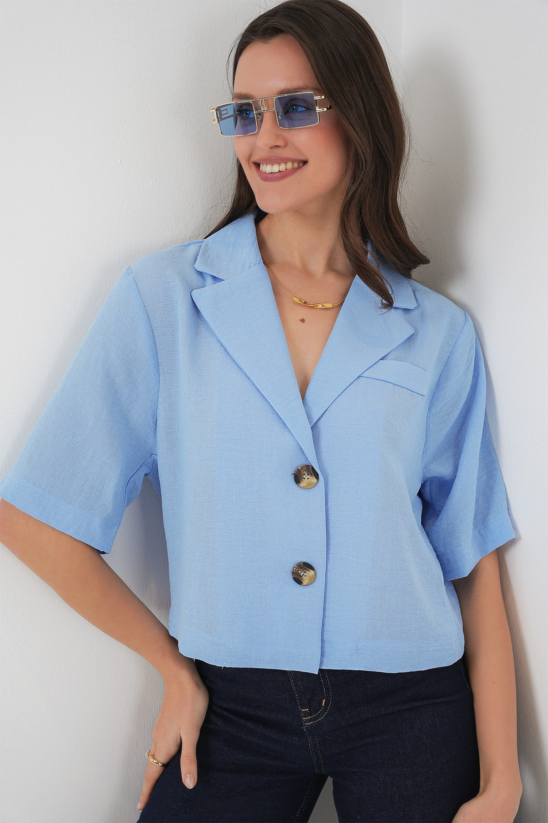Bigdart 0706 Veste Crop en Lin - Bleu