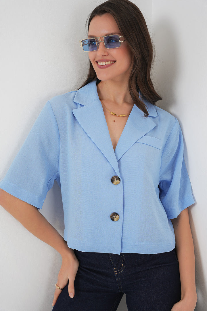 Bigdart 0706 Veste Crop en Lin - Bleu