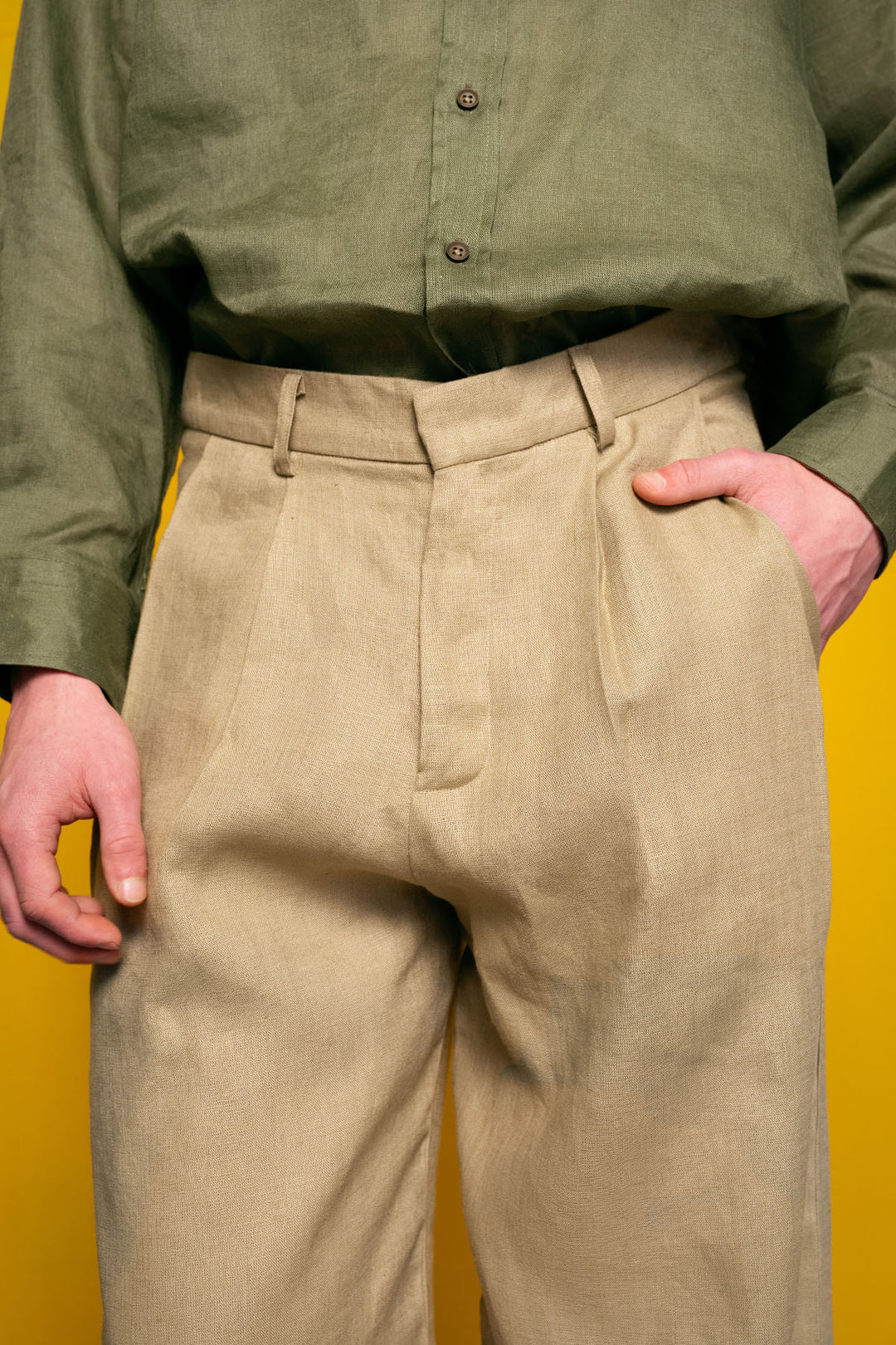 Giesto %100 Lin Kaki Pantalon - Kaki