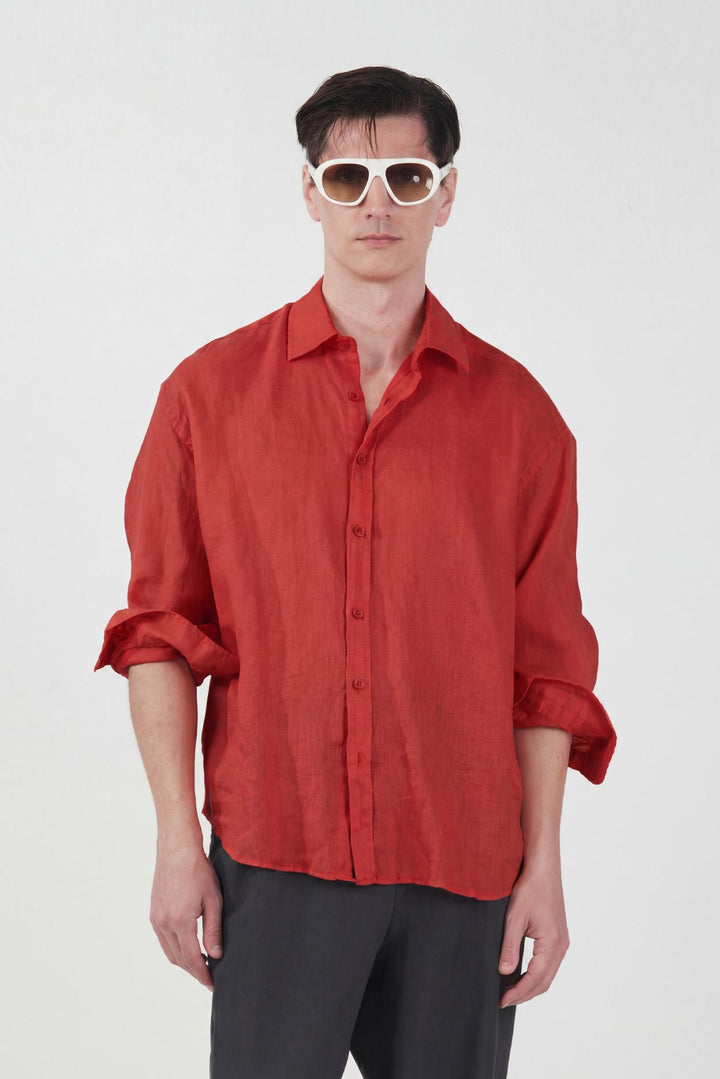 Giesto Chemise oversize en lin 100% terracotta - Brique