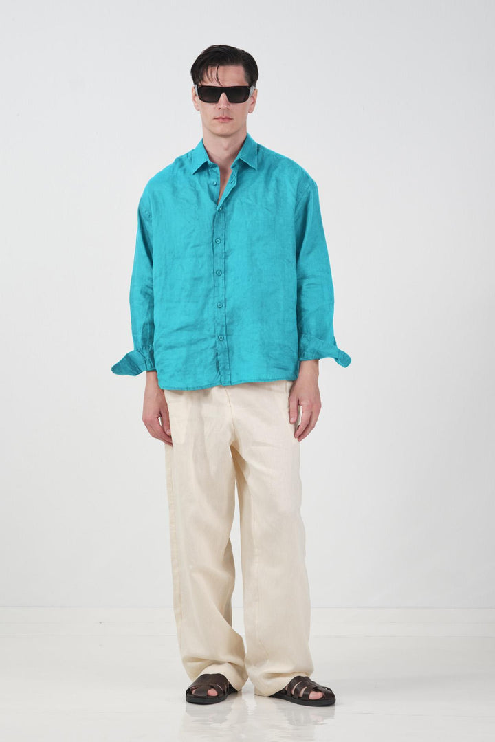 Giesto Chemise Oversize 100% Lin Turquoise - Turquoise