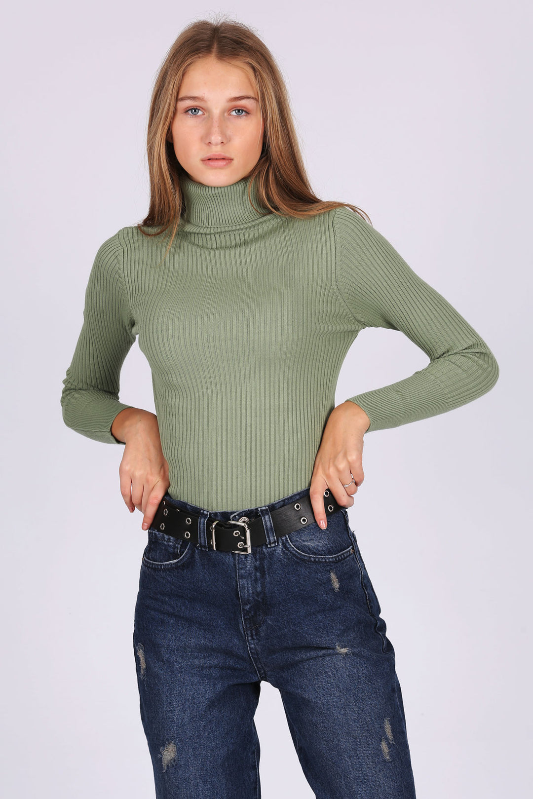 Bigdart 10311 Pull Col Montant en Tricot - Vert d'eau