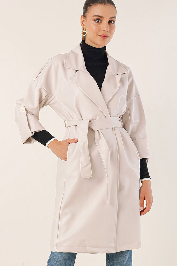 Bigdart 1034 Trench-coat en simili cuir avec ceinture - Écru