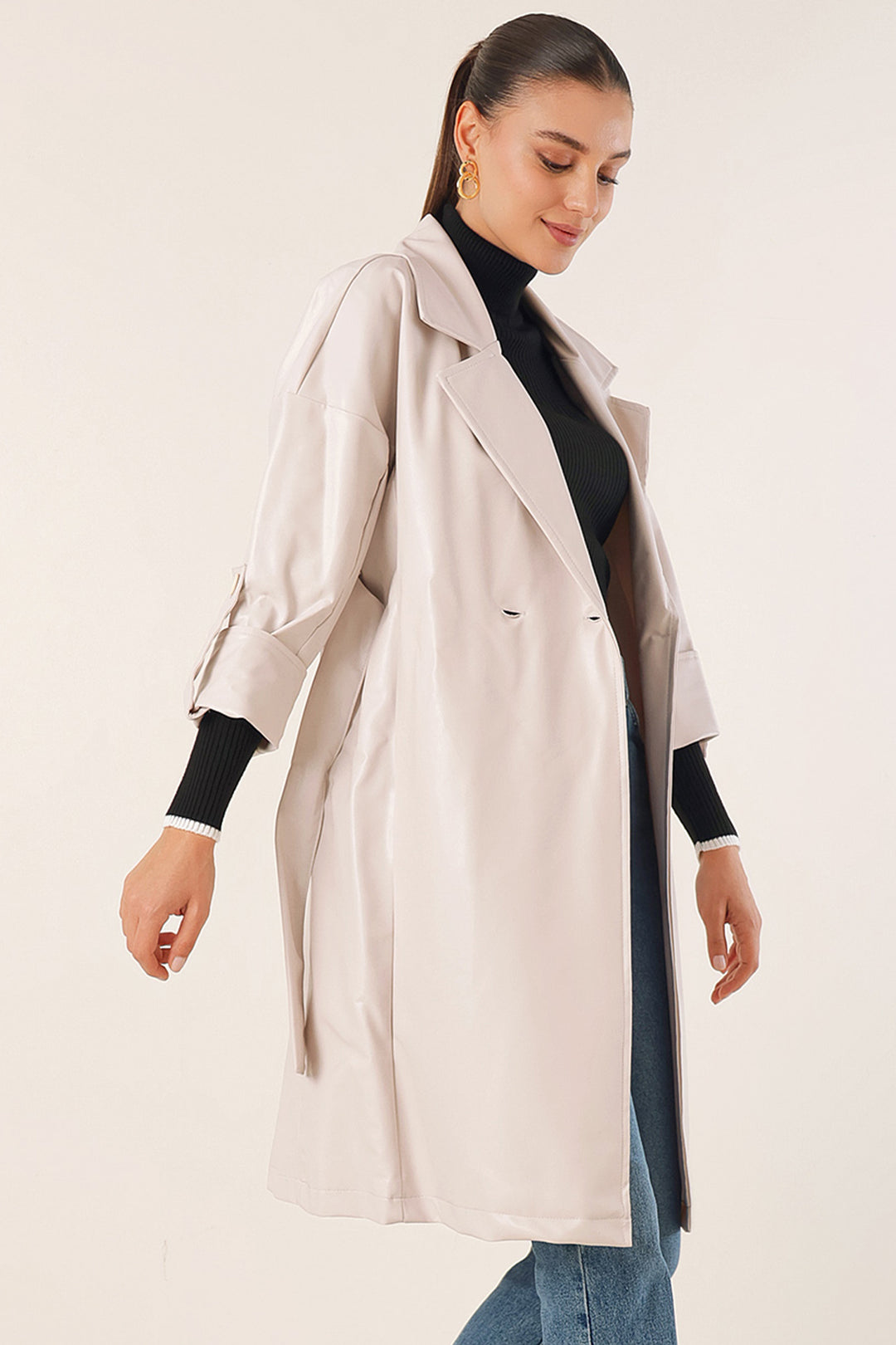 Bigdart 1034 Trench-coat en simili cuir avec ceinture - Écru